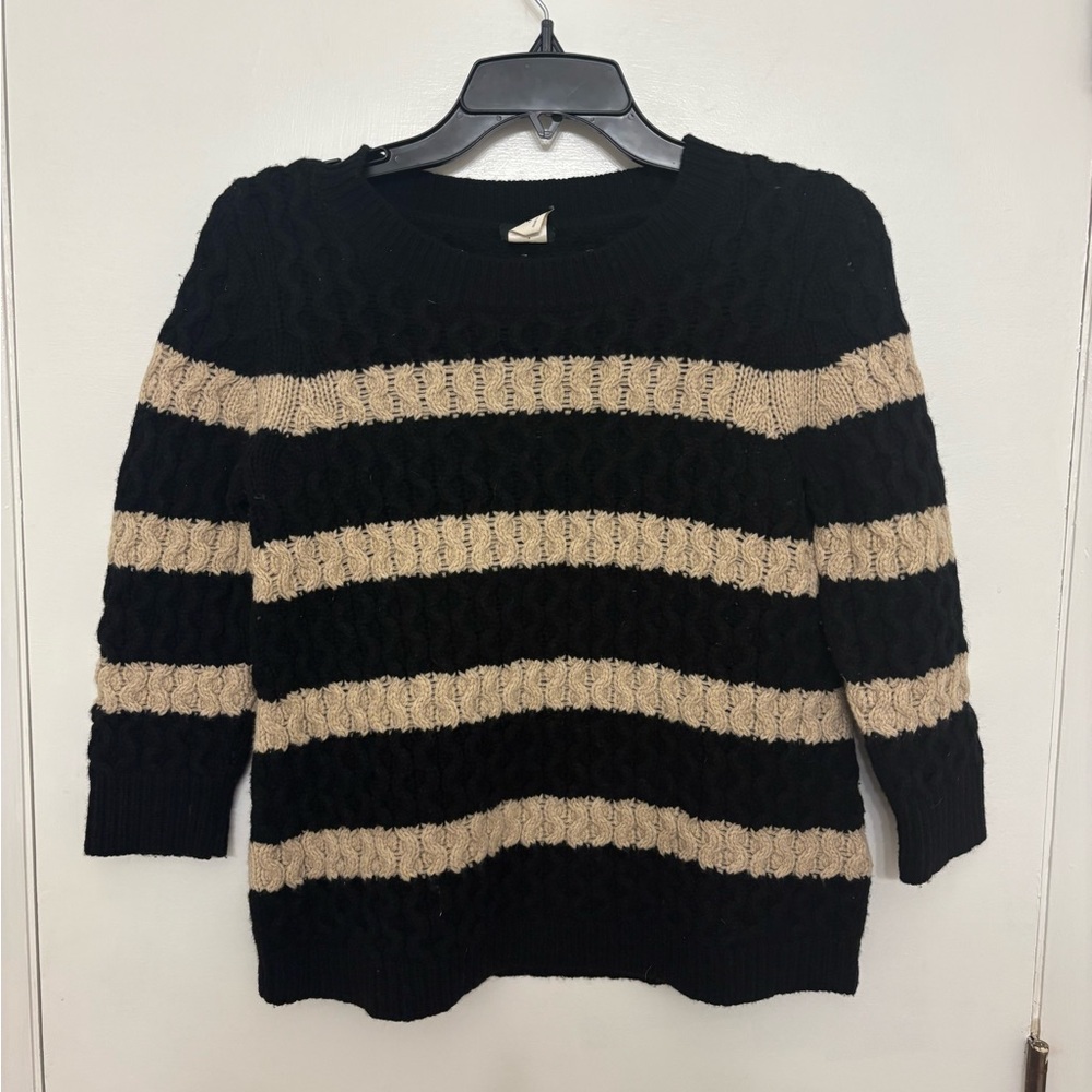 J.Crew 100% Merino Wool Striped Cable Knit Sweater Crewneck 3/4 Sleeve Black S